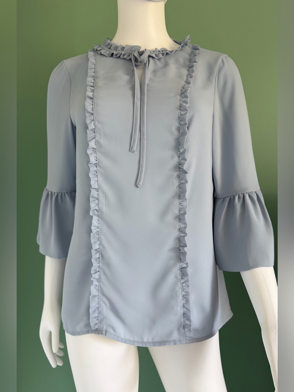Karl Lagerfeld Pale Blue Ruffle Tie-Neck Blouse